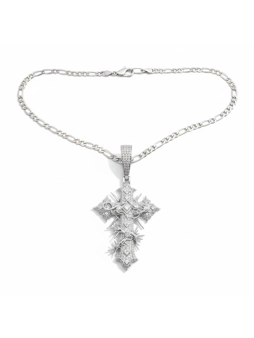 Mens New Solid Sterling Silver Barbed Wire Cross with Figaro 20" Chain